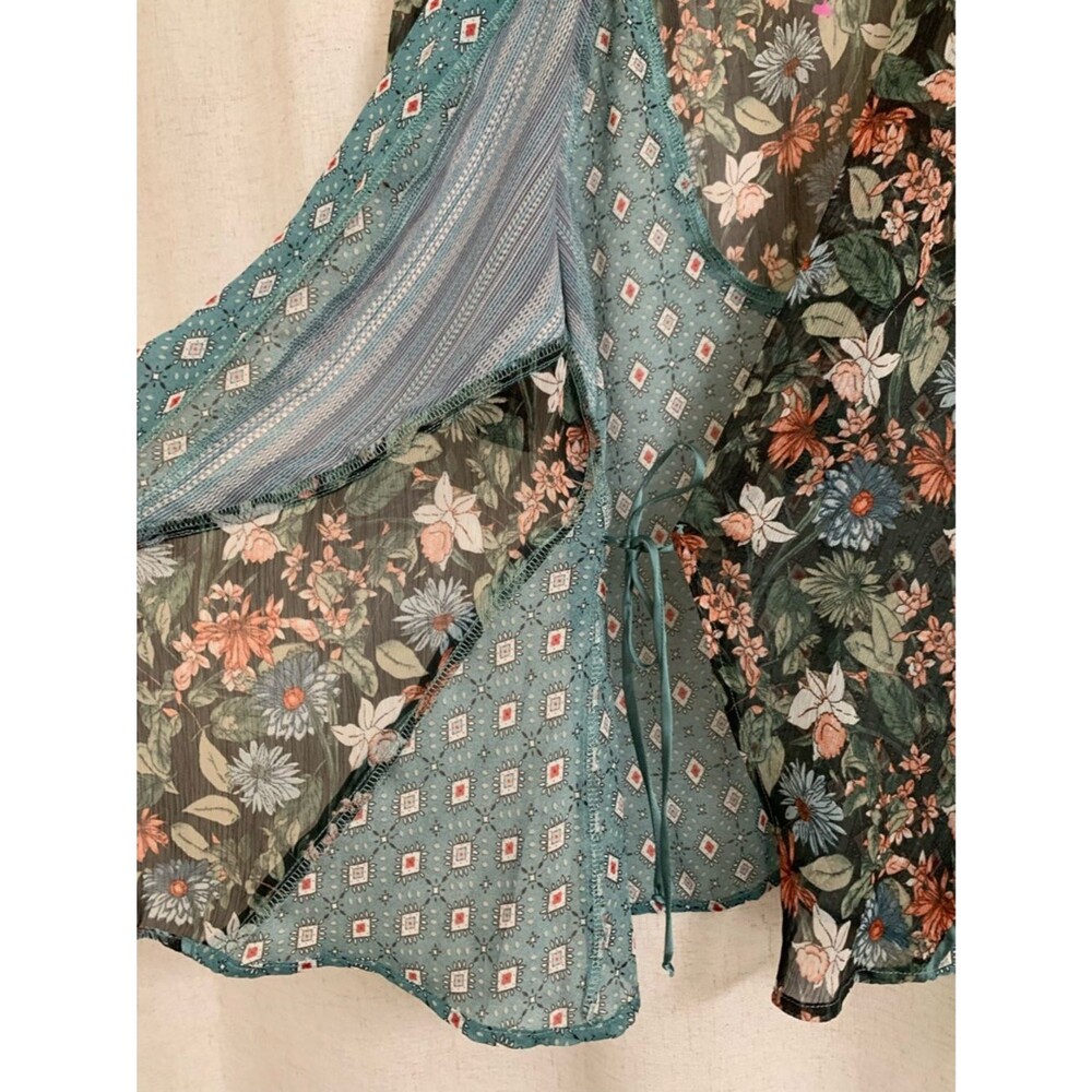 Anthropology Tiny Lovely Floral Patchwork Teal Short Sleeve Wrap Top Small Sheer - Picture 4 of 9